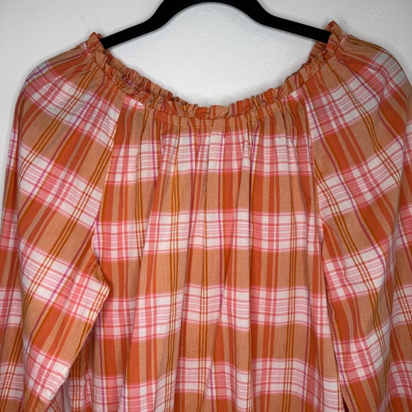 J.Crew Plaid Peasant Top 100% Cotton Ruffle Orange Pink Med Cottagecore Prairie - Picture 5 of 14